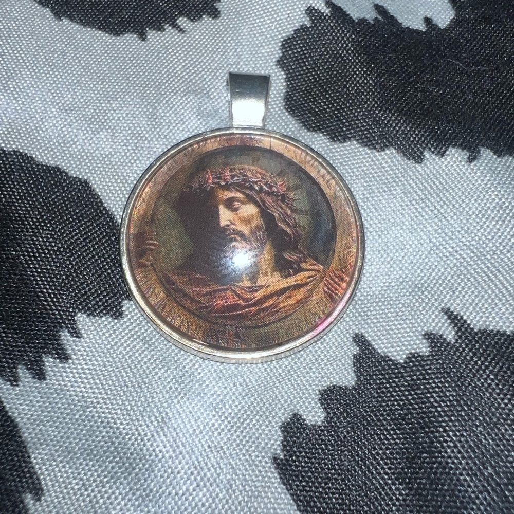 Religious Round Pendant Necklace in Brown and Gold